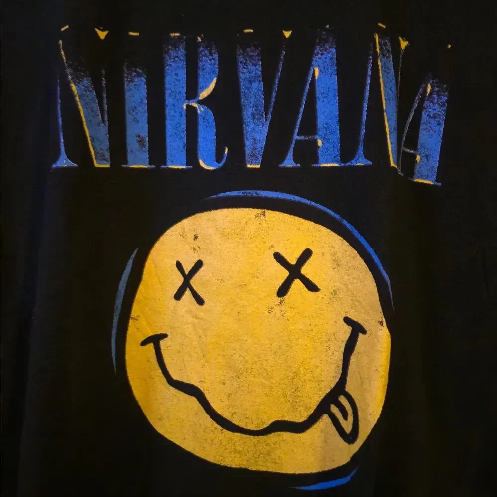 Vintage Style Nirvana Smiley Face T-Shirt – Black – Size Large – Grunge Band Tee